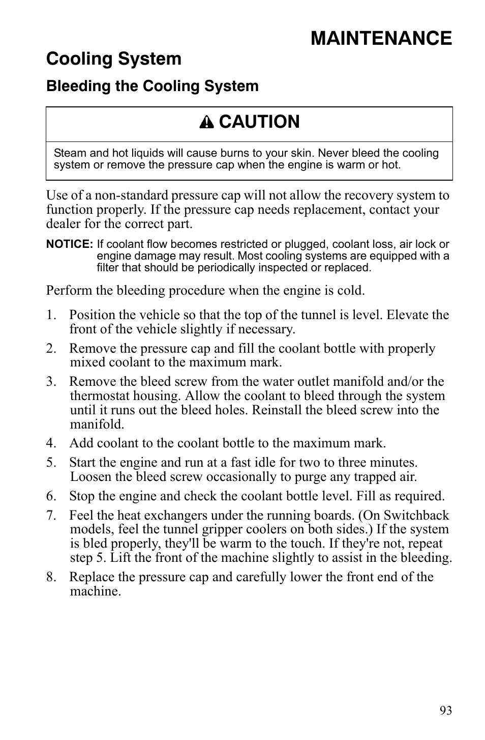Maintenance, Cooling system, Caution | Polaris 800 Dragon SP User Manual | Page 96 / 141