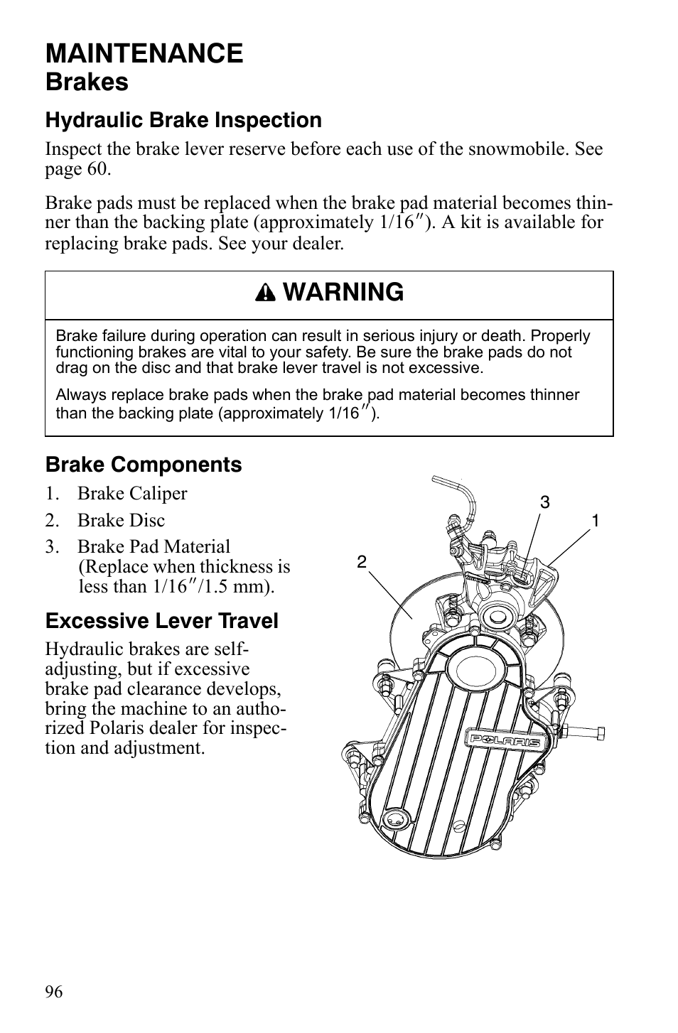 Maintenance, Brakes, Warning | Polaris 800 Dragon SP User Manual | Page 99 / 141