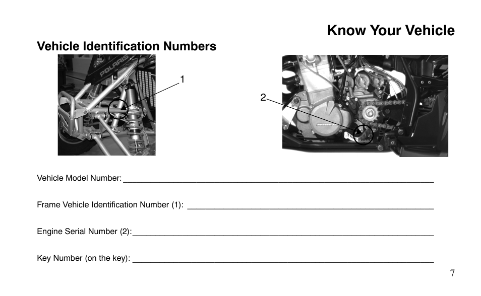 Know your vehicle, Vehicle identification numbers | Polaris Outlaw 450 S User Manual | Page 10 / 218