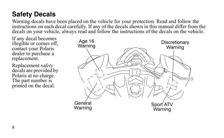 Safety decals | Polaris Outlaw 450 S User Manual | Page 11 / 218