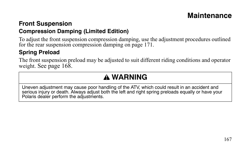 Maintenance, Warning | Polaris Outlaw 450 S User Manual | Page 170 / 218