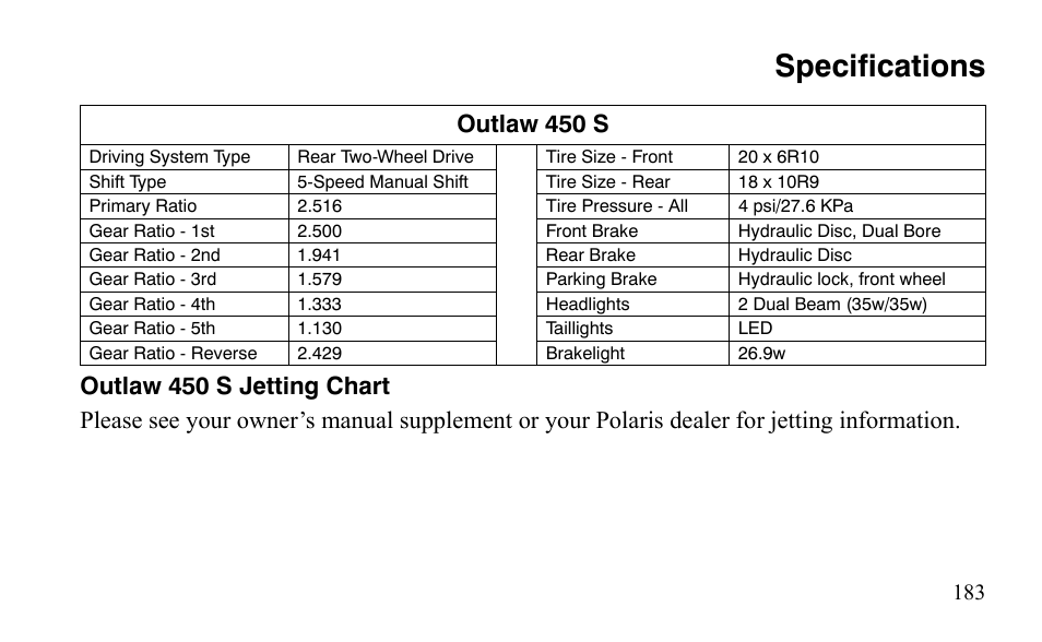 Specifications | Polaris Outlaw 450 S User Manual | Page 186 / 218