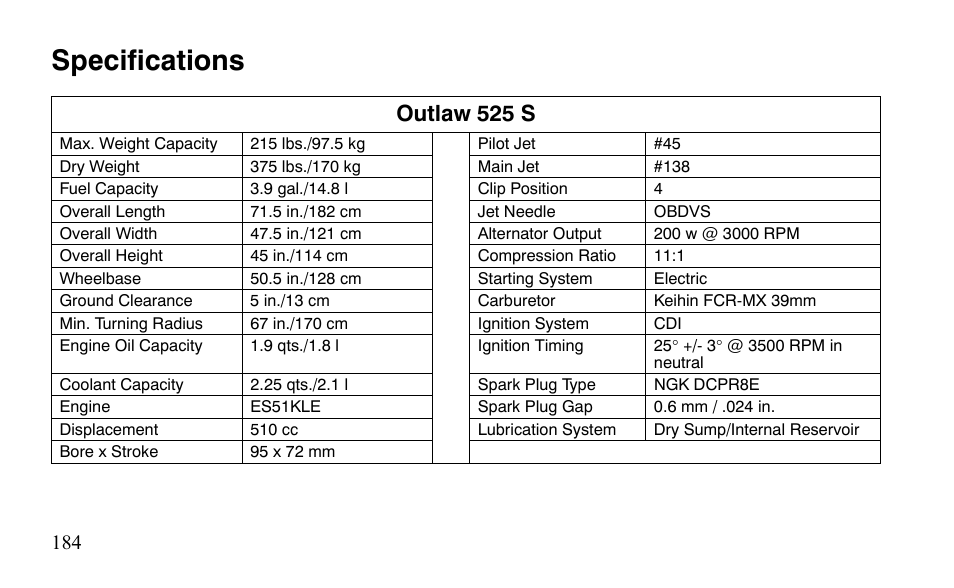 Specifications, Outlaw 525 s | Polaris Outlaw 450 S User Manual | Page 187 / 218