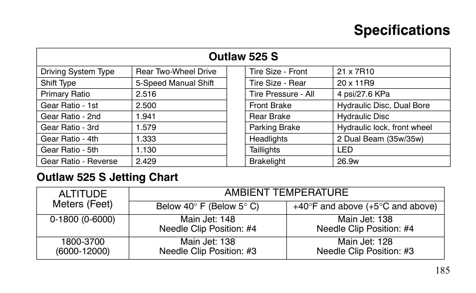 Specifications | Polaris Outlaw 450 S User Manual | Page 188 / 218