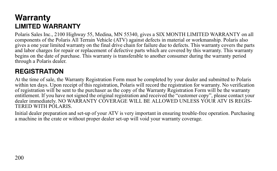 Warranty | Polaris Outlaw 450 S User Manual | Page 203 / 218