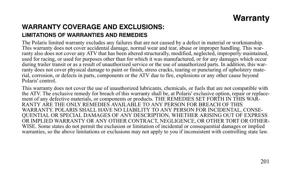 Warranty | Polaris Outlaw 450 S User Manual | Page 204 / 218