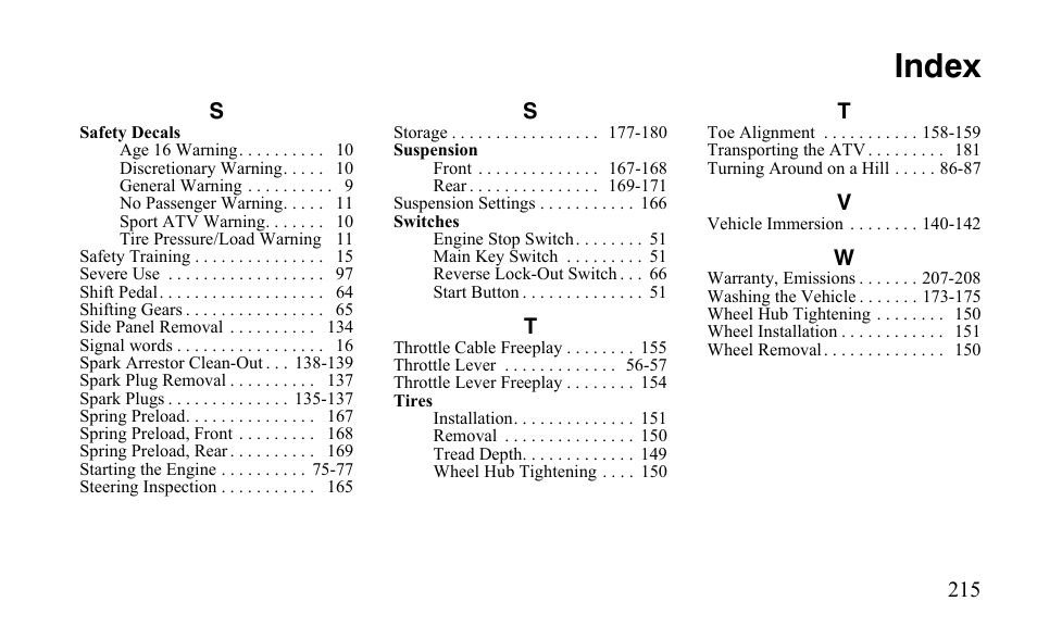 Index | Polaris Outlaw 450 S User Manual | Page 218 / 218