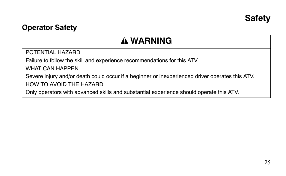 Safety, Warning | Polaris Outlaw 450 S User Manual | Page 28 / 218