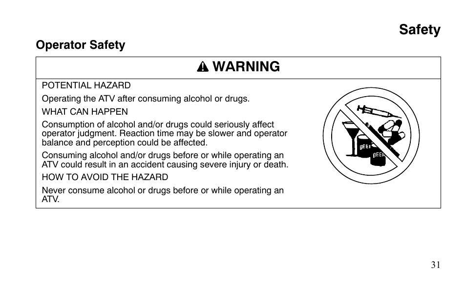 Safety, Warning | Polaris Outlaw 450 S User Manual | Page 34 / 218