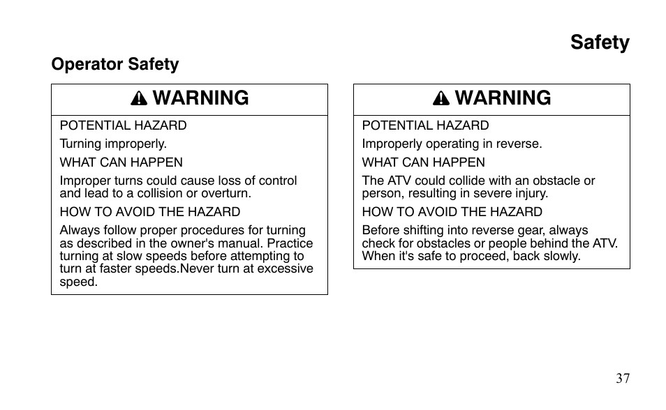 Safety, Warning | Polaris Outlaw 450 S User Manual | Page 40 / 218