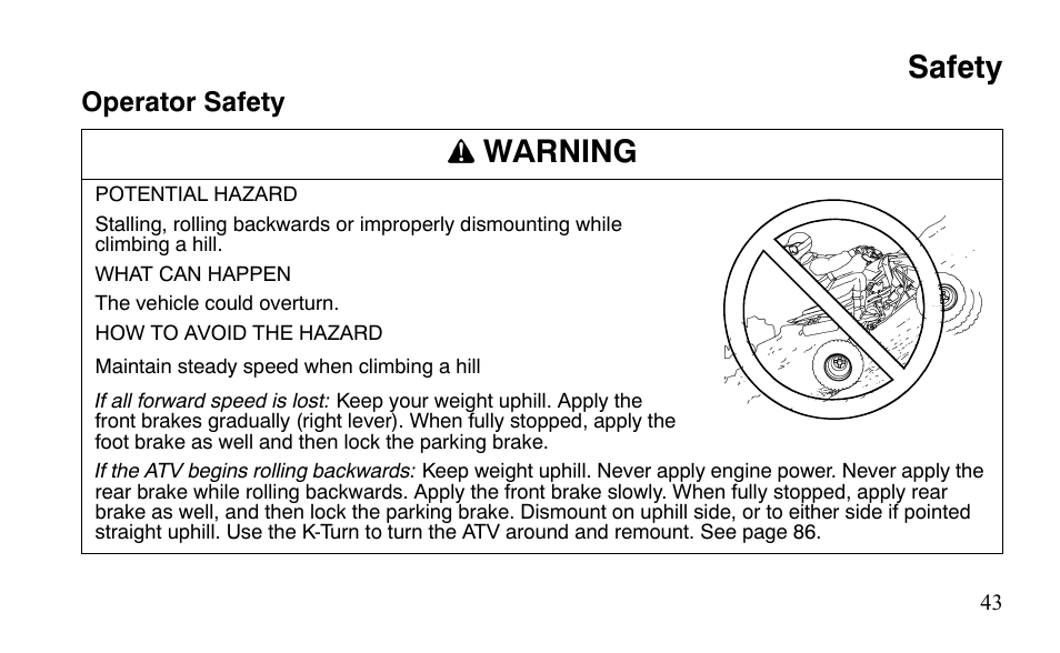 Safety, Warning | Polaris Outlaw 450 S User Manual | Page 46 / 218