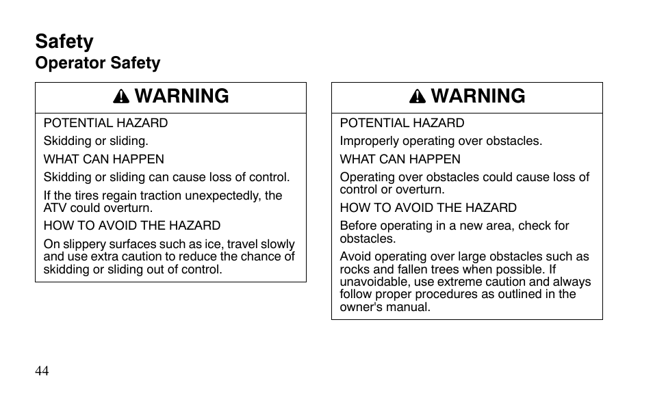 Safety, Warning | Polaris Outlaw 450 S User Manual | Page 47 / 218
