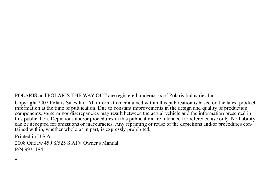Polaris Outlaw 450 S User Manual | Page 5 / 218