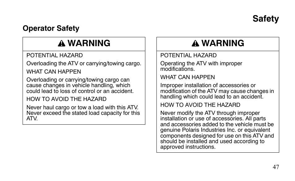 Safety, Warning, Operator safety | Polaris Outlaw 450 S User Manual | Page 50 / 218