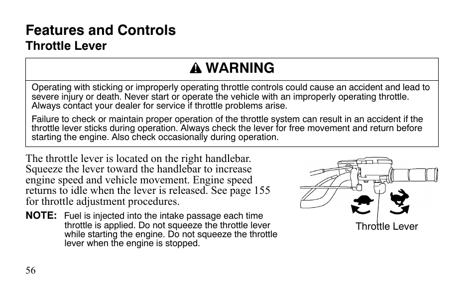Features and controls, Warning | Polaris Outlaw 450 S User Manual | Page 59 / 218
