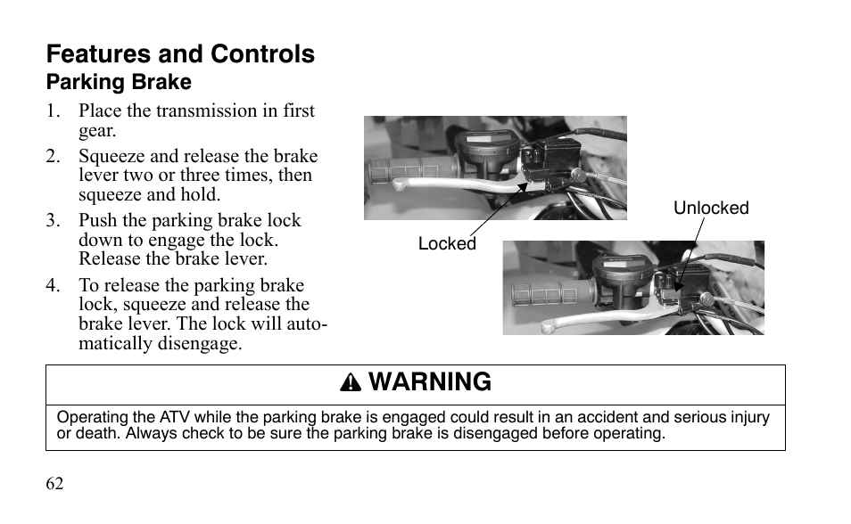 Features and controls, Warning | Polaris Outlaw 450 S User Manual | Page 65 / 218