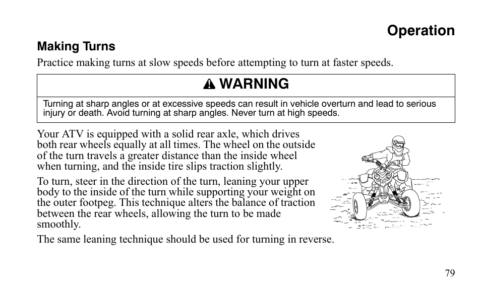 Operation, Warning | Polaris Outlaw 450 S User Manual | Page 82 / 218