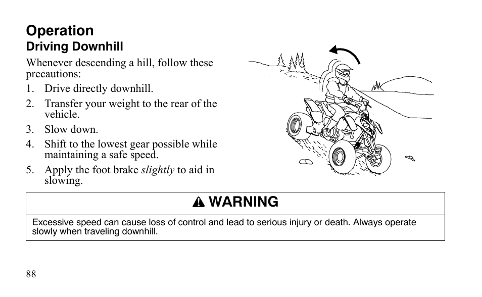 Operation, Warning | Polaris Outlaw 450 S User Manual | Page 91 / 218