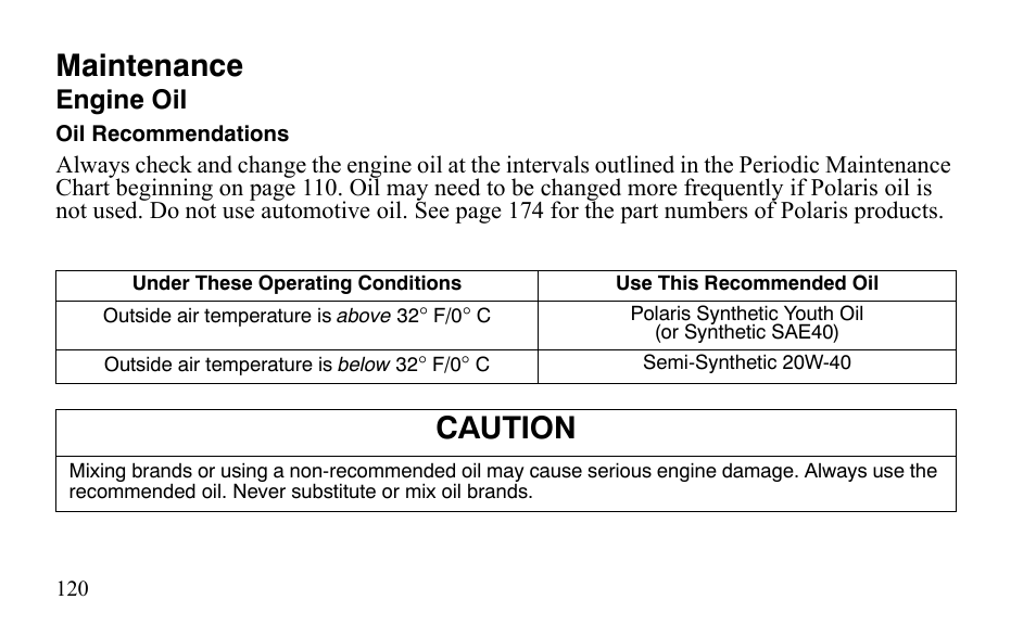 Maintenance, Caution, Engine oil | Polaris Outlaw 9921488 User Manual | Page 123 / 199