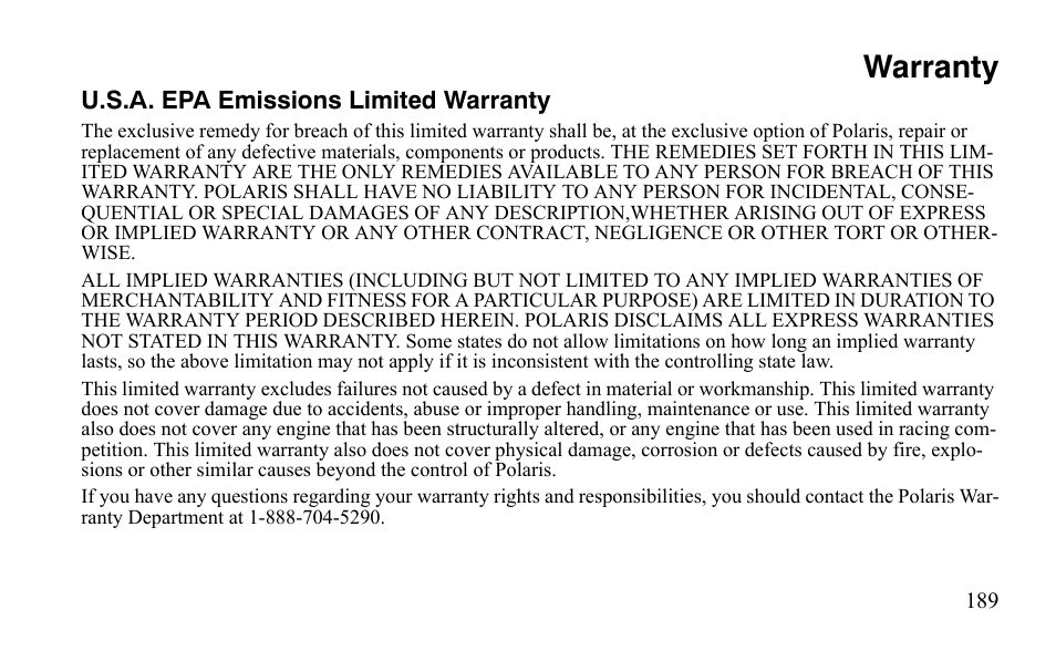 Warranty | Polaris Outlaw 9921488 User Manual | Page 192 / 199