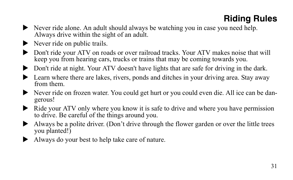 Riding rules | Polaris Outlaw 9921488 User Manual | Page 34 / 199