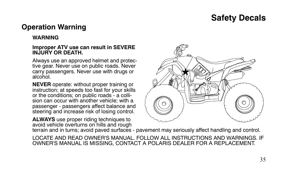 Safety decals | Polaris Outlaw 9921488 User Manual | Page 38 / 199