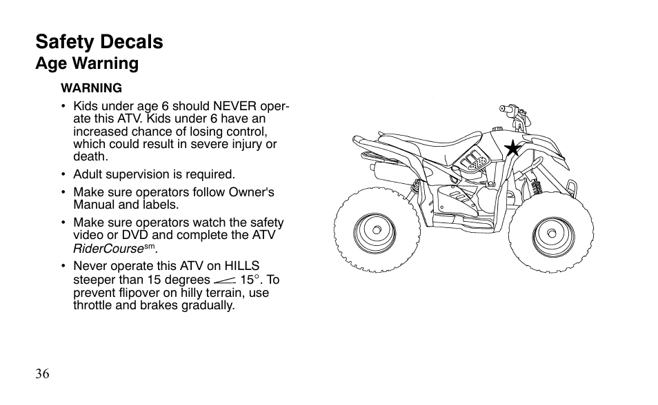 Safety decals, Age warning | Polaris Outlaw 9921488 User Manual | Page 39 / 199