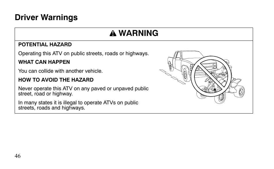 Driver warnings warning | Polaris Outlaw 9921488 User Manual | Page 49 / 199