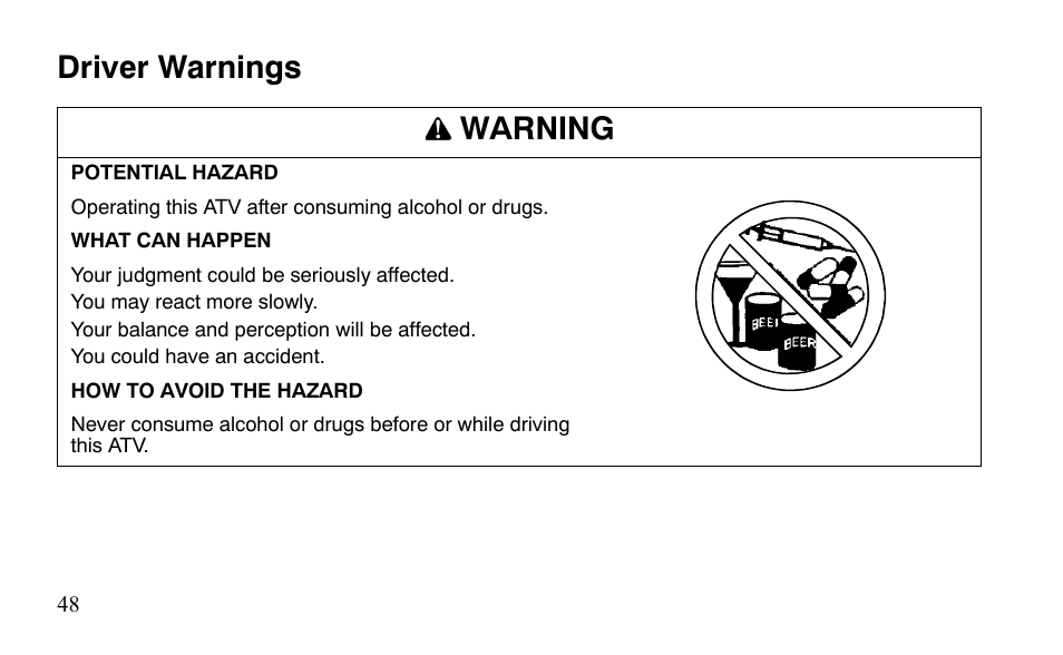 Driver warnings warning | Polaris Outlaw 9921488 User Manual | Page 51 / 199