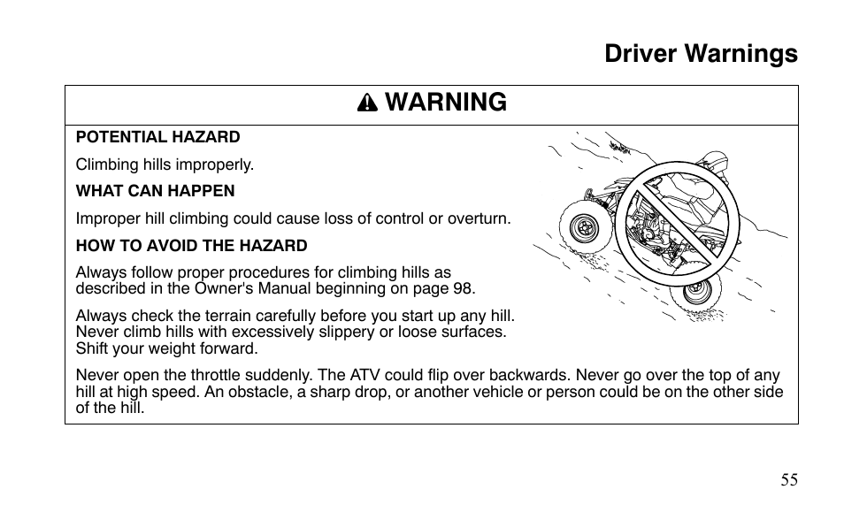 Driver warnings warning | Polaris Outlaw 9921488 User Manual | Page 58 / 199