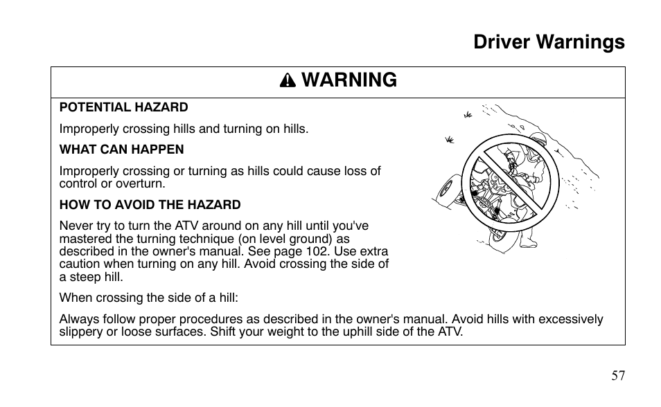 Driver warnings warning | Polaris Outlaw 9921488 User Manual | Page 60 / 199