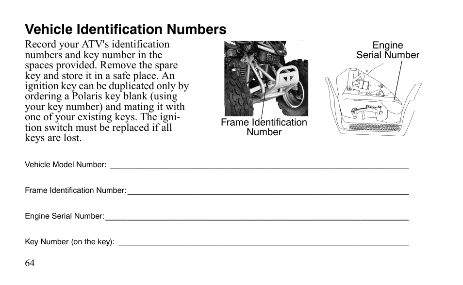 Vehicle identification numbers | Polaris Outlaw 9921488 User Manual | Page 67 / 199