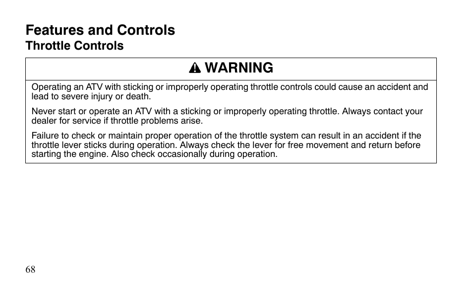 Features and controls, Warning | Polaris Outlaw 9921488 User Manual | Page 71 / 199