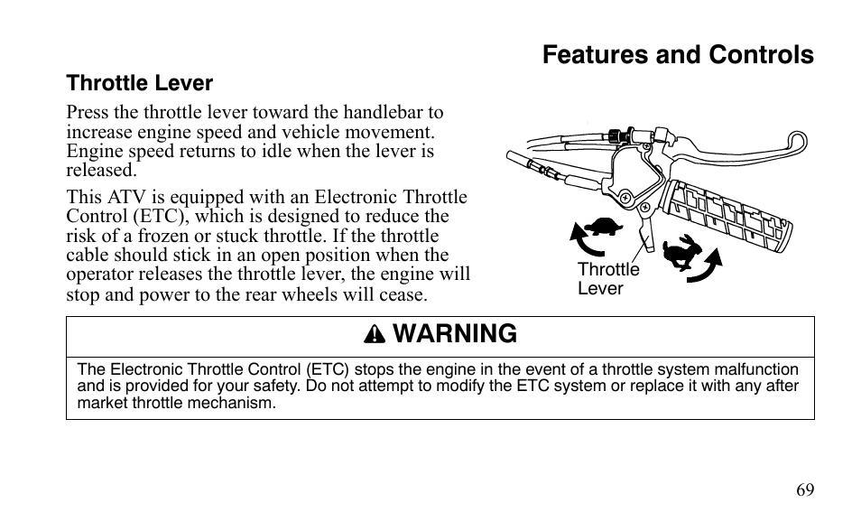 Features and controls, Warning | Polaris Outlaw 9921488 User Manual | Page 72 / 199