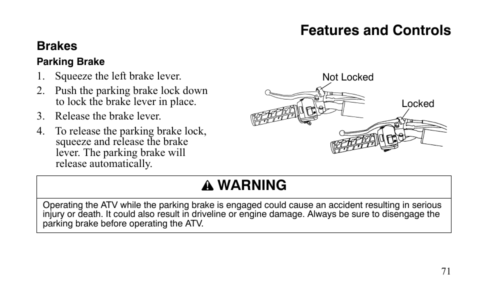 Features and controls, Warning | Polaris Outlaw 9921488 User Manual | Page 74 / 199