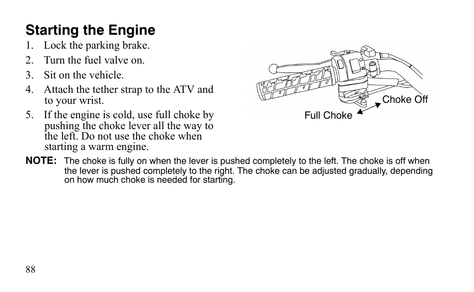 Starting the engine | Polaris Outlaw 9921488 User Manual | Page 91 / 199