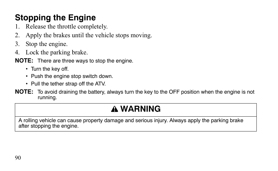 Stopping the engine, Warning | Polaris Outlaw 9921488 User Manual | Page 93 / 199