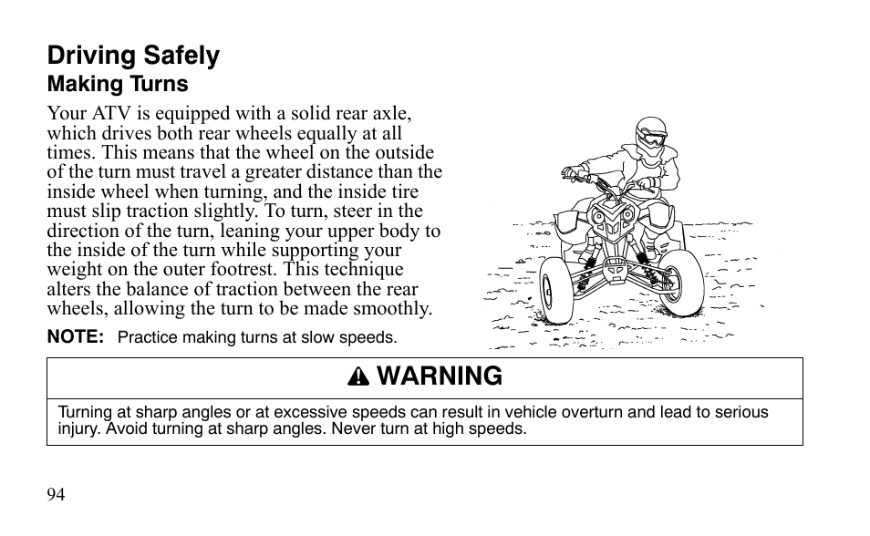Driving safely, Warning | Polaris Outlaw 9921488 User Manual | Page 97 / 199