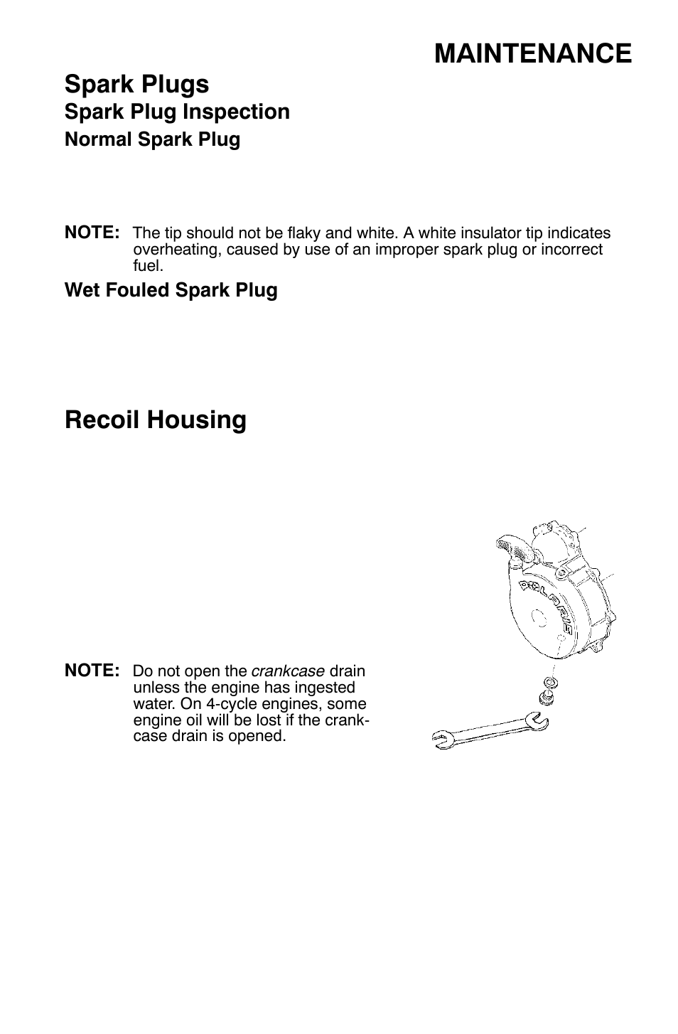 Maintenance, Spark plugs, Recoil housing | Spark plug inspection | Polaris Sportsman 9921477 User Manual | Page 107 / 143