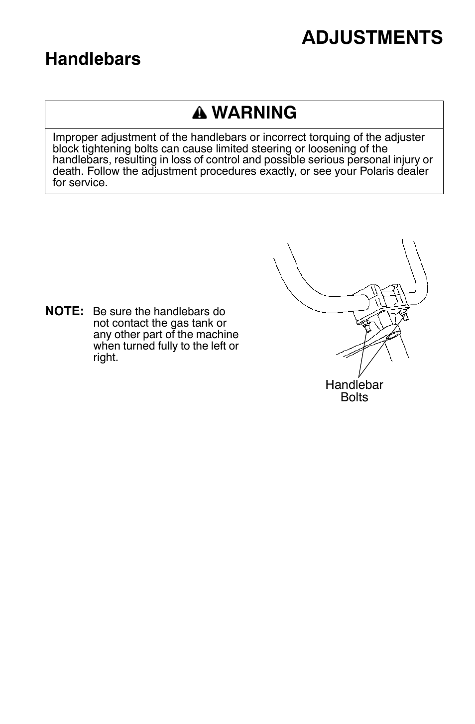 Adjustments, Handlebars, Warning | Polaris Sportsman 9921477 User Manual | Page 127 / 143