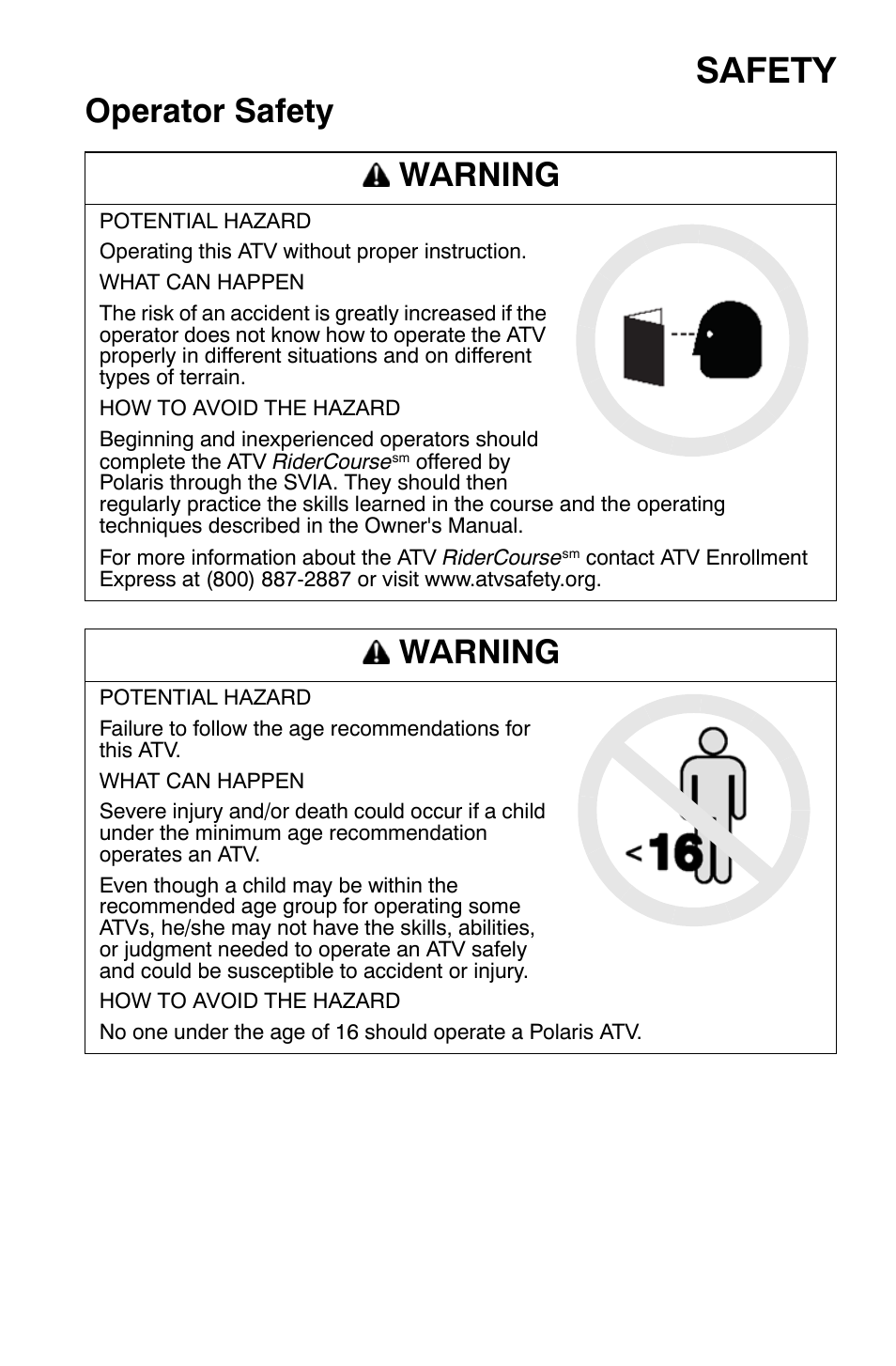 Safety, Operator safety warning, Warning | Polaris Sportsman 9921477 User Manual | Page 19 / 143