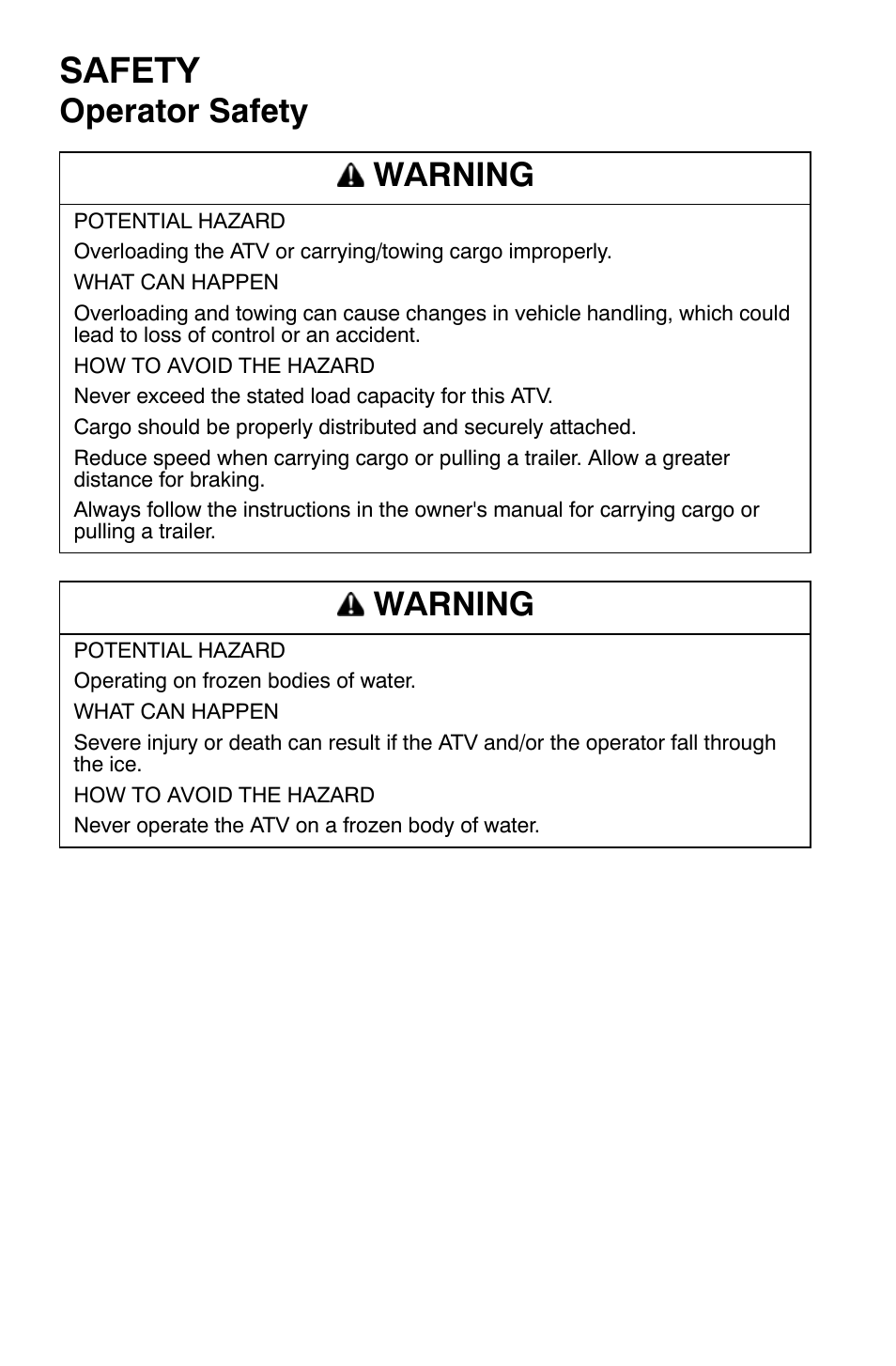 Safety, Operator safety warning, Warning | Polaris Sportsman 9921477 User Manual | Page 32 / 143