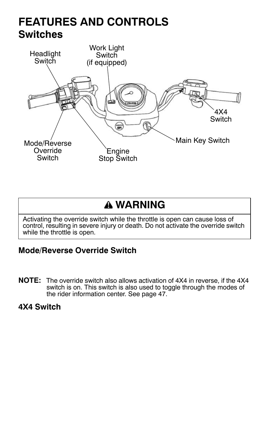 Features and controls, Switches, Warning | Polaris Sportsman 9921477 User Manual | Page 34 / 143