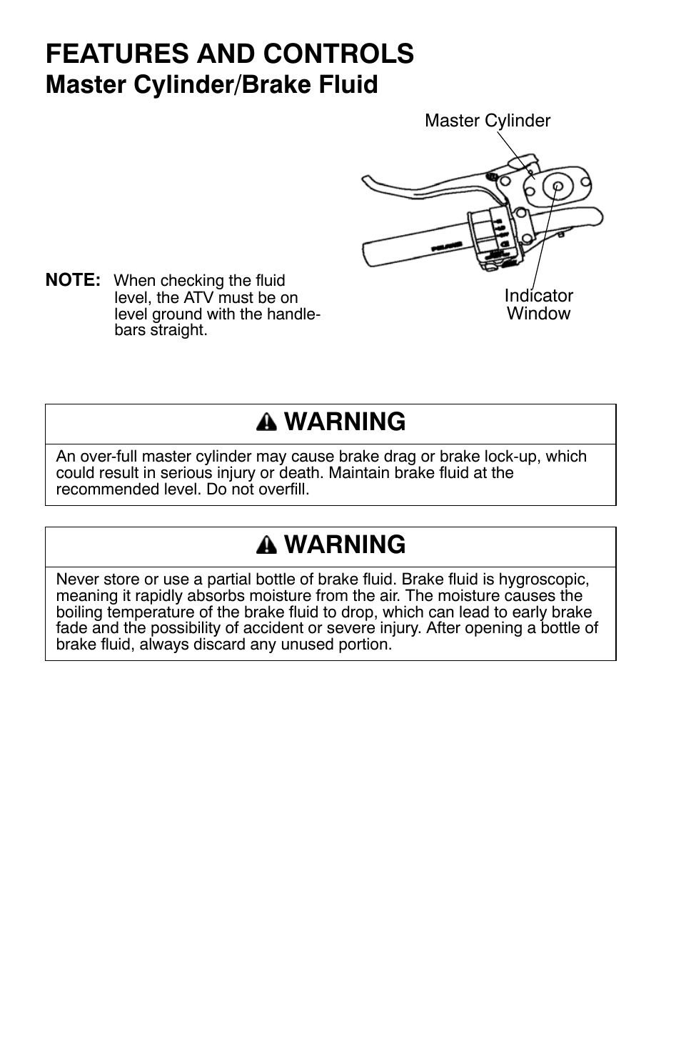 Features and controls, Master cylinder/brake fluid, Warning | Polaris Sportsman 9921477 User Manual | Page 38 / 143