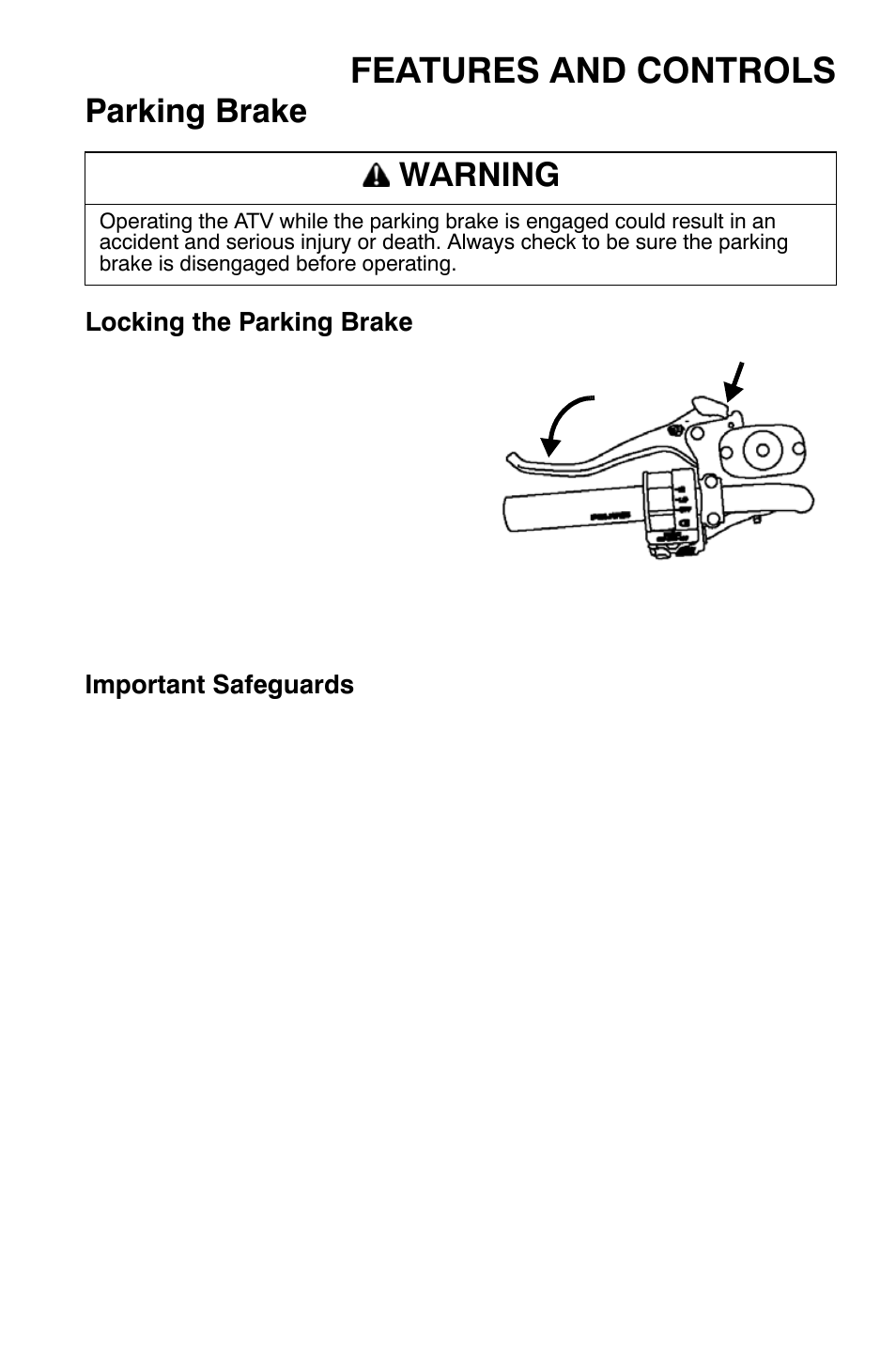 Features and controls, Parking brake, Warning | Polaris Sportsman 9921477 User Manual | Page 39 / 143