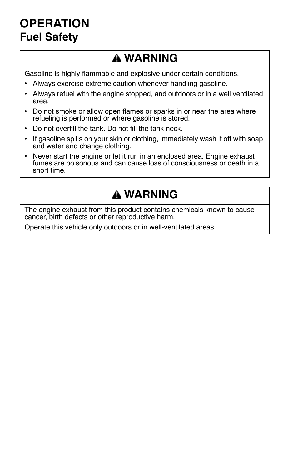 Operation, Fuel safety warning, Warning | Polaris Sportsman 9921477 User Manual | Page 56 / 143