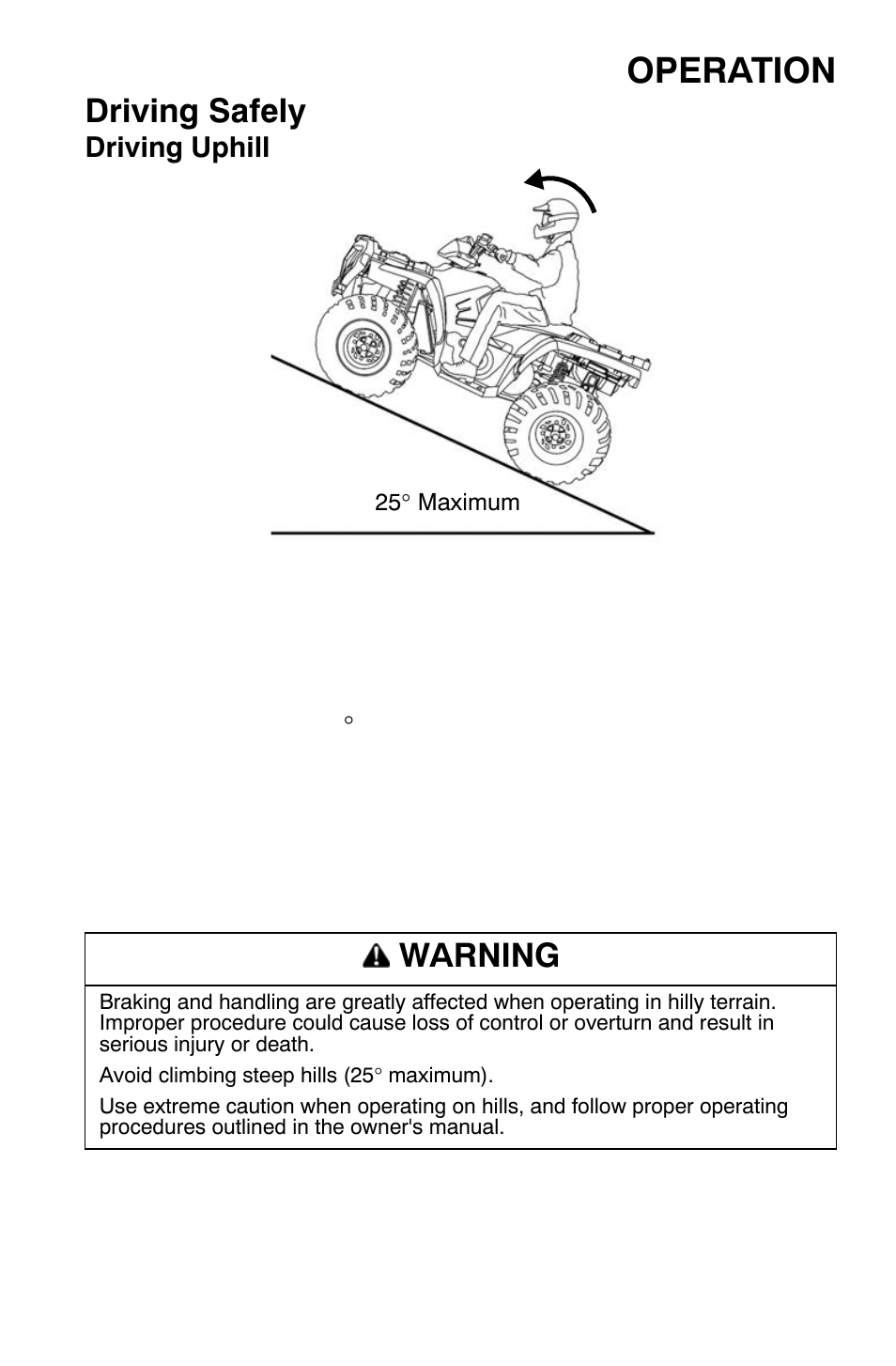 Operation, Driving safely, Warning | Polaris Sportsman 9921477 User Manual | Page 65 / 143