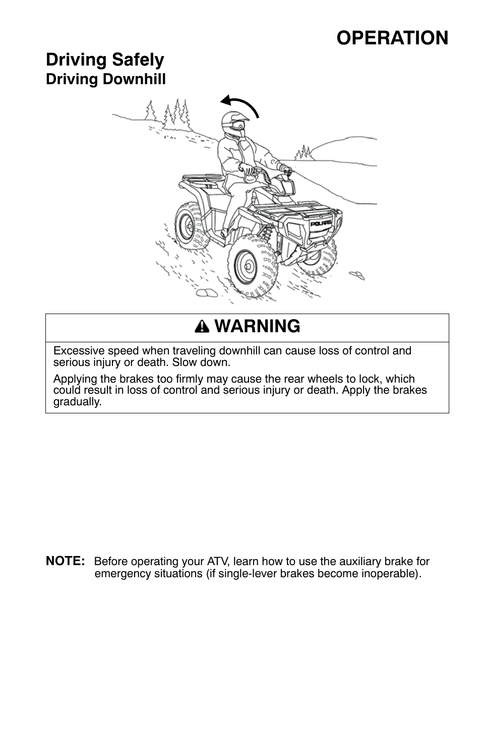 Operation, Driving safely, Warning | Polaris Sportsman 9921477 User Manual | Page 67 / 143