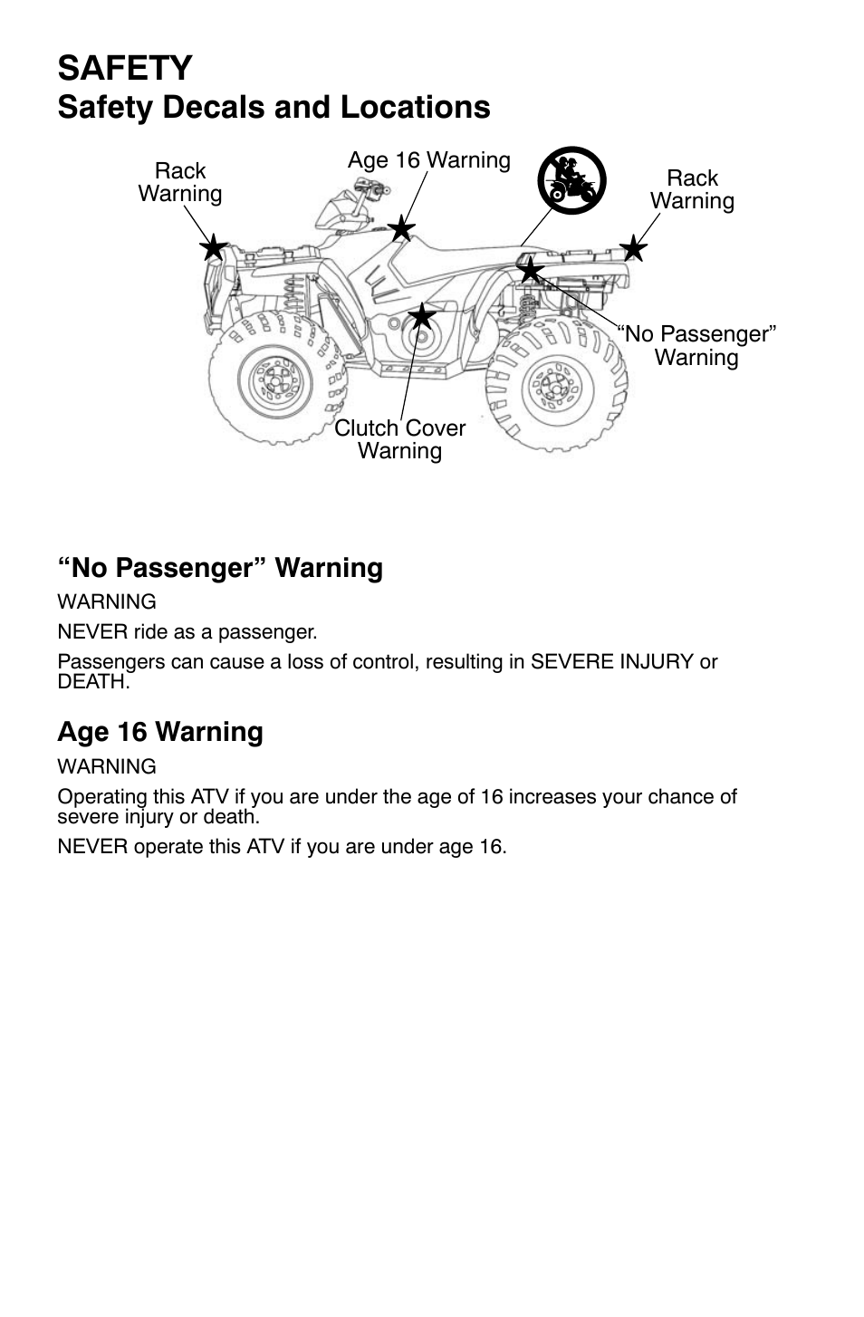 Safety, Safety decals and locations | Polaris Sportsman 9921477 User Manual | Page 8 / 143