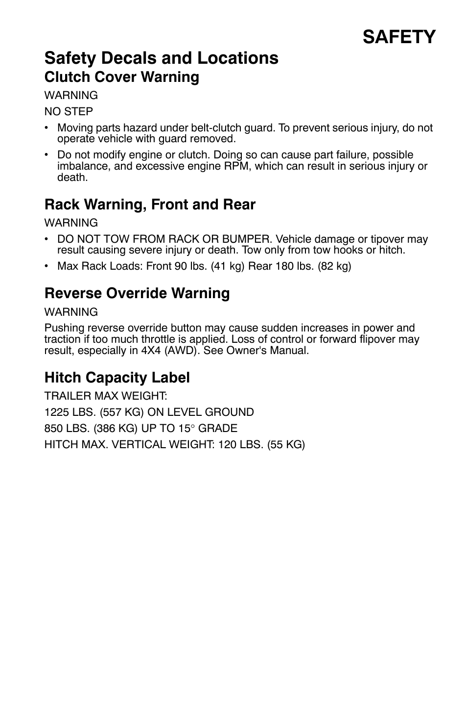 Safety, Safety decals and locations, Clutch cover warning | Rack warning, front and rear, Reverse override warning, Hitch capacity label | Polaris Sportsman 9921477 User Manual | Page 9 / 143